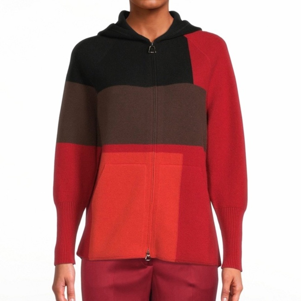 Akris Colorblock Cashmere Hoodie Sweater Cadmium Red Marsala Brown Black 6